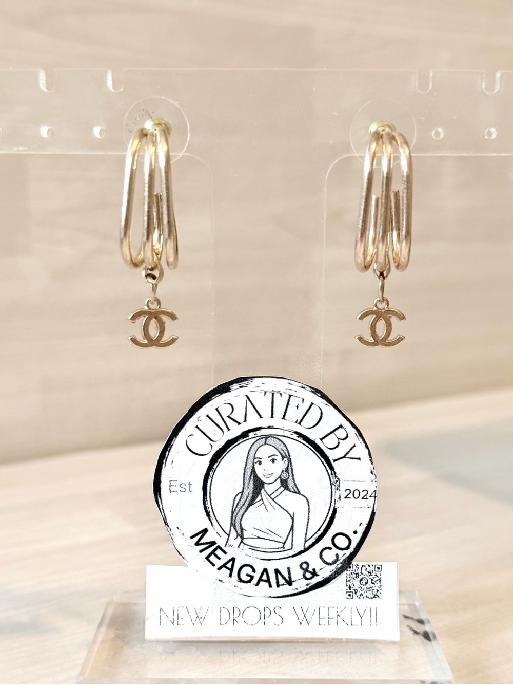 CC Gold Hoop Earrings with Double CC Charm - Women Jewelry